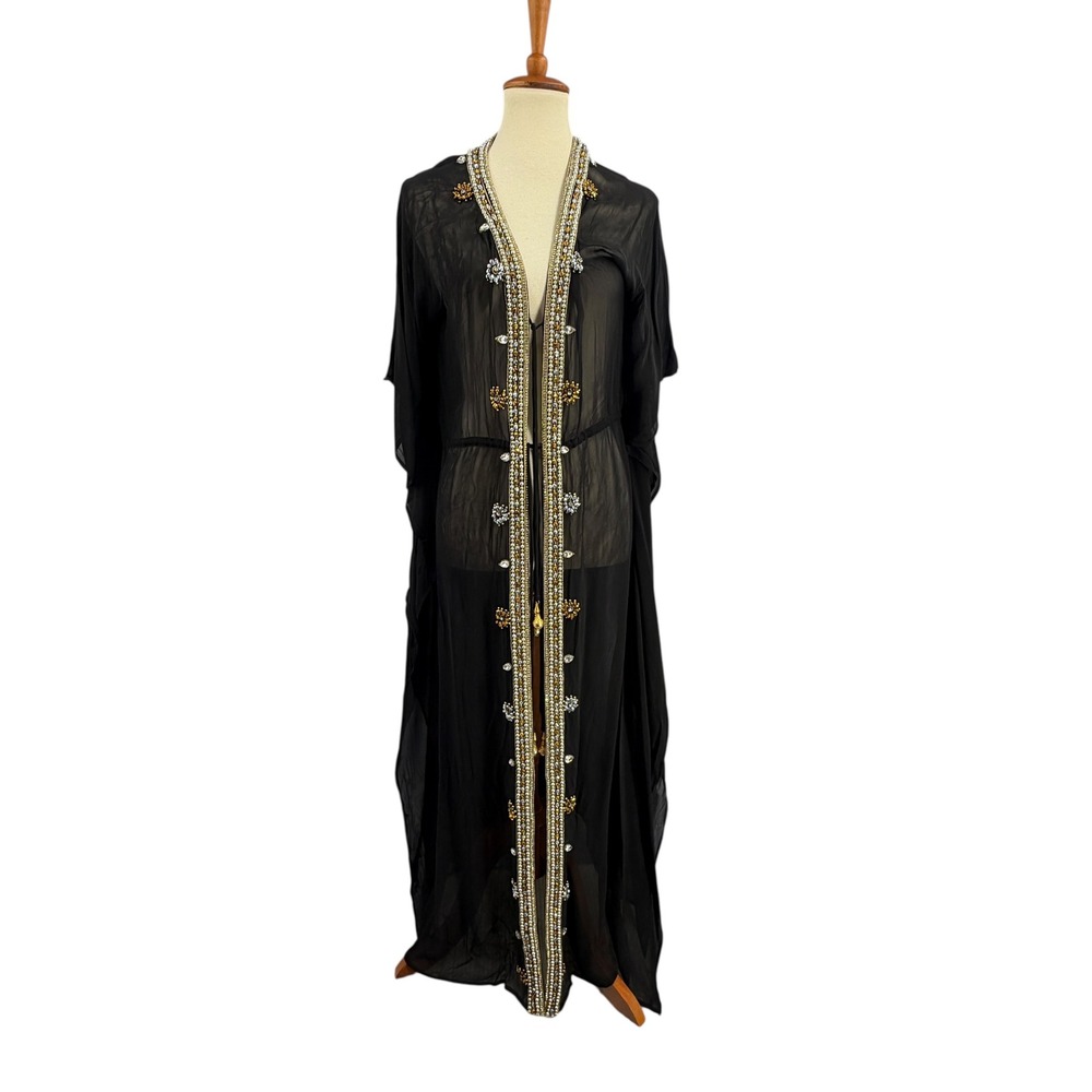Boston Proper Kaftan Size Small Black Sheer Beaded Gemstone Embellished Maxi